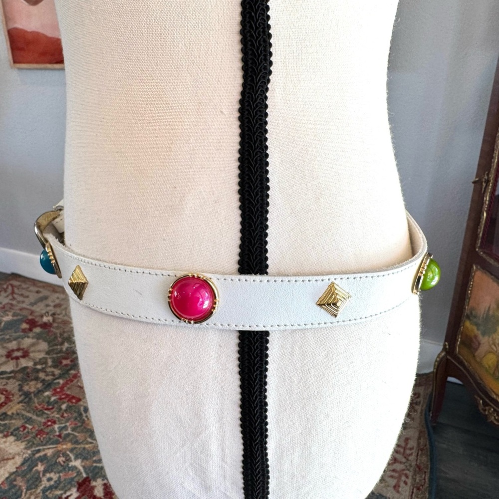 Vintage White Leather Belt with Colorful Accents - Picture 6 of 13